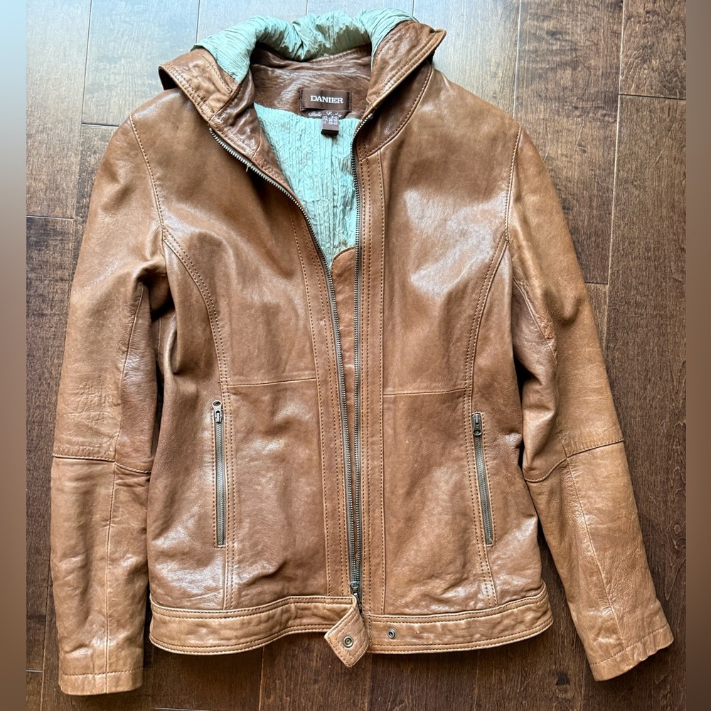 Danier Whiskey Brown Genuine Leather Zip up Jacket with Hood XSmall - Picture 4 of 14